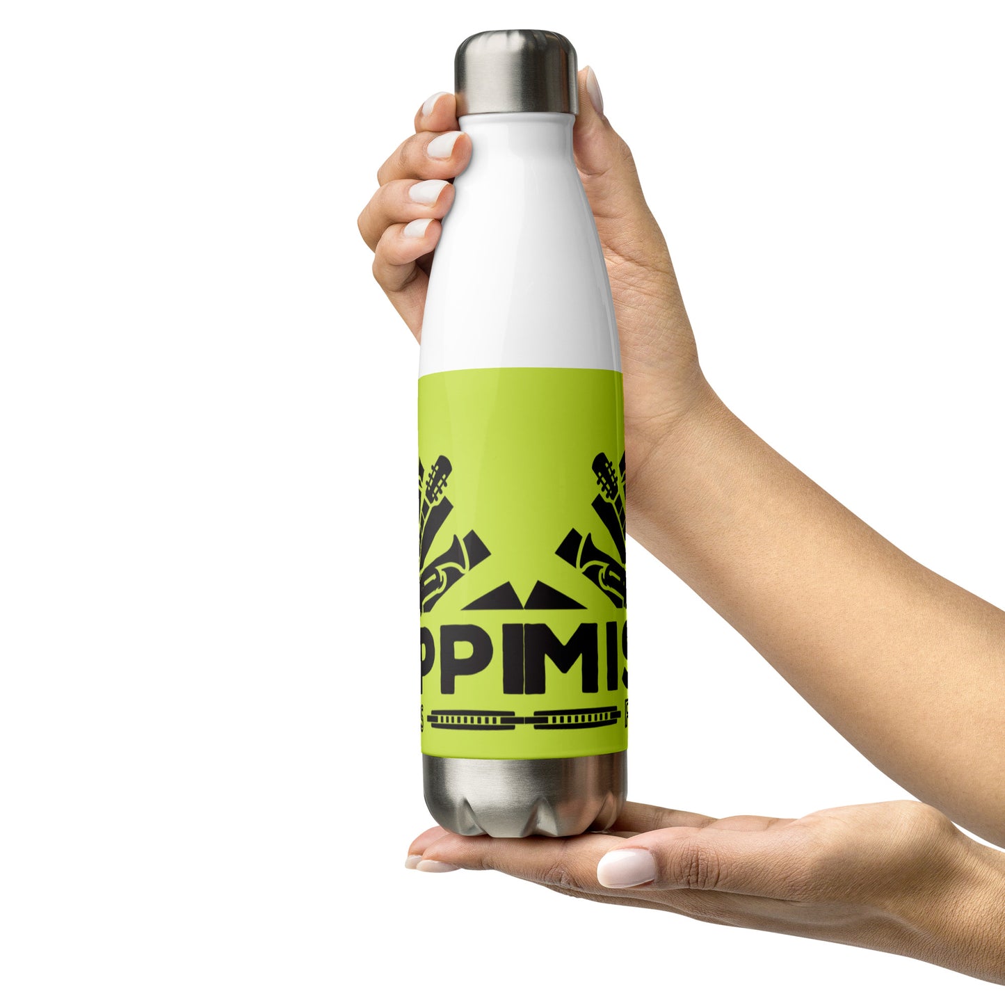insulated water ball with blues graphics and green background being held and displayed in two hands