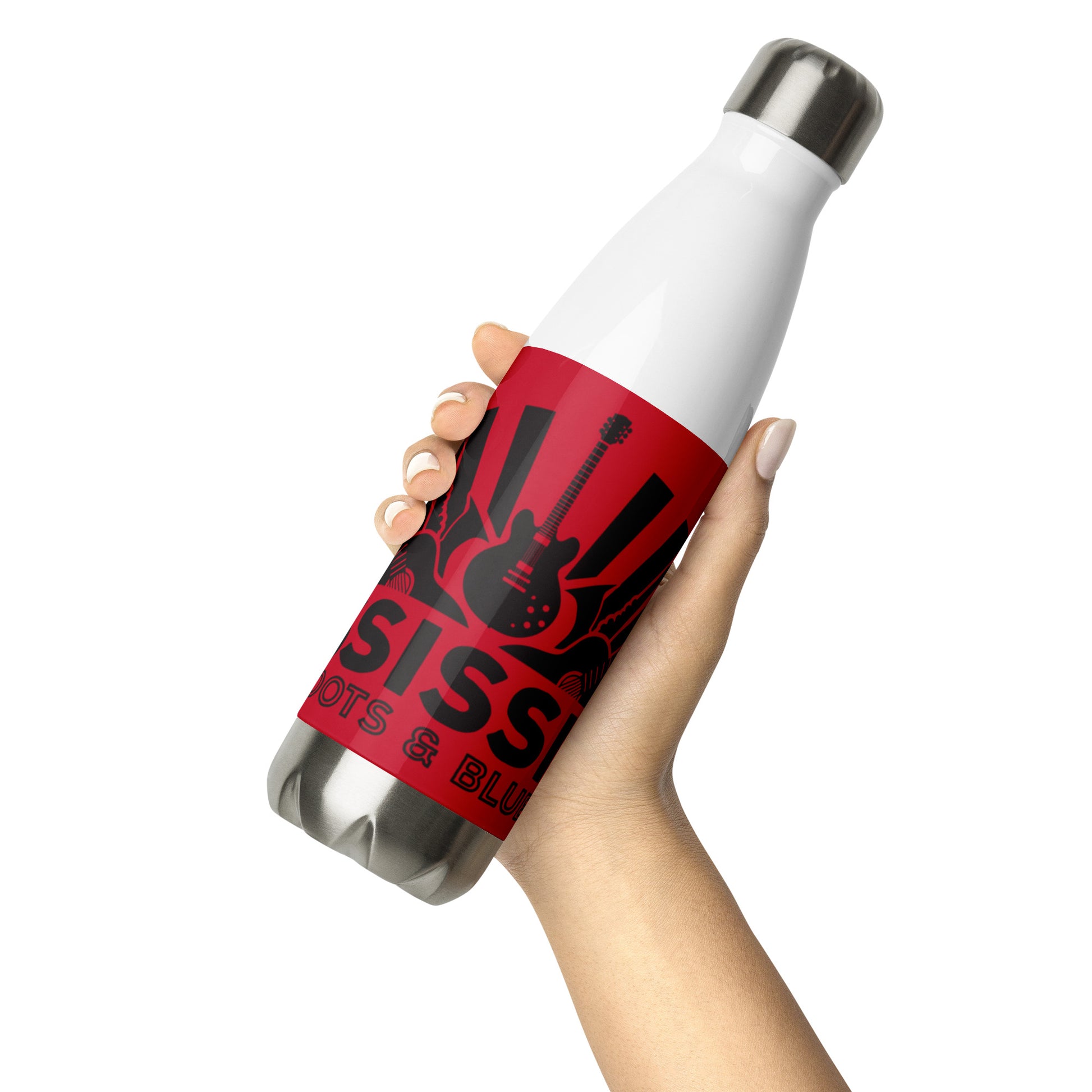 insulated water bottle with blues logo and red background being displayed in two hands