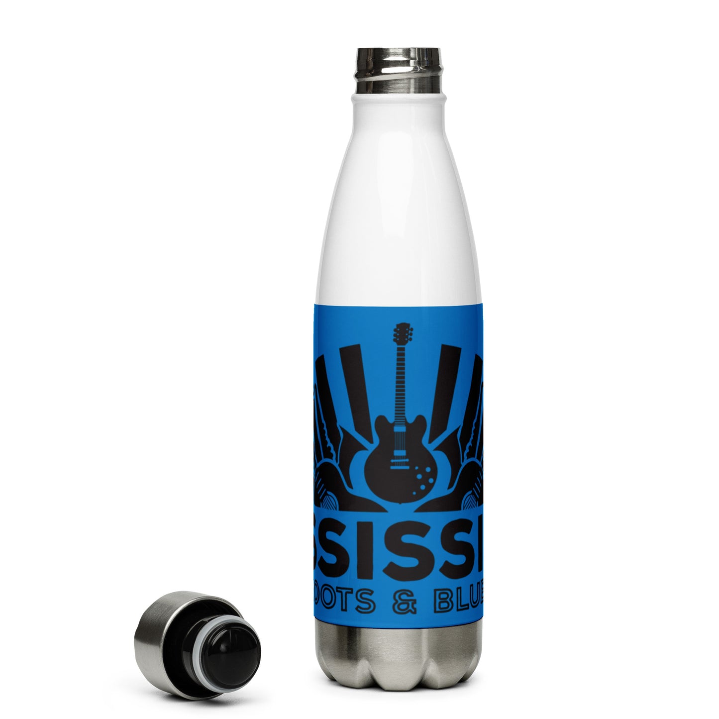 insulated water ball with blues graphics and blue background showing standing with lid to left side