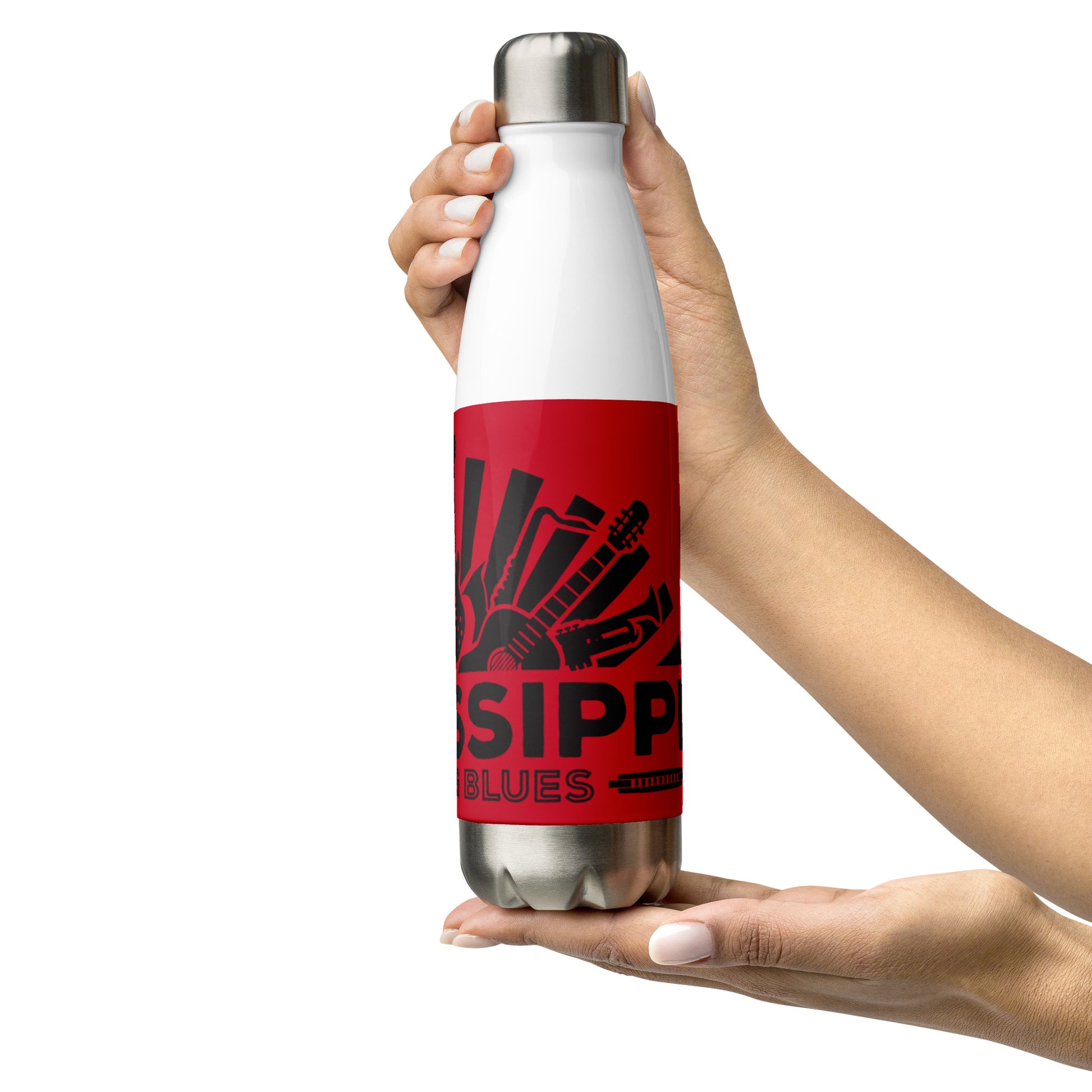 insulated water bottle with blues logo and red background being displayed in two hands