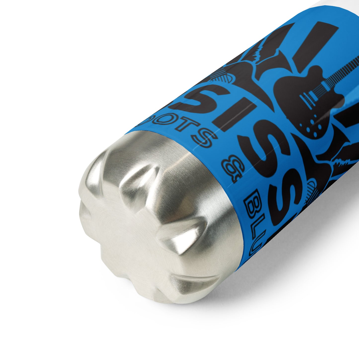insulated water ball with blues graphics and blue background showing bottom