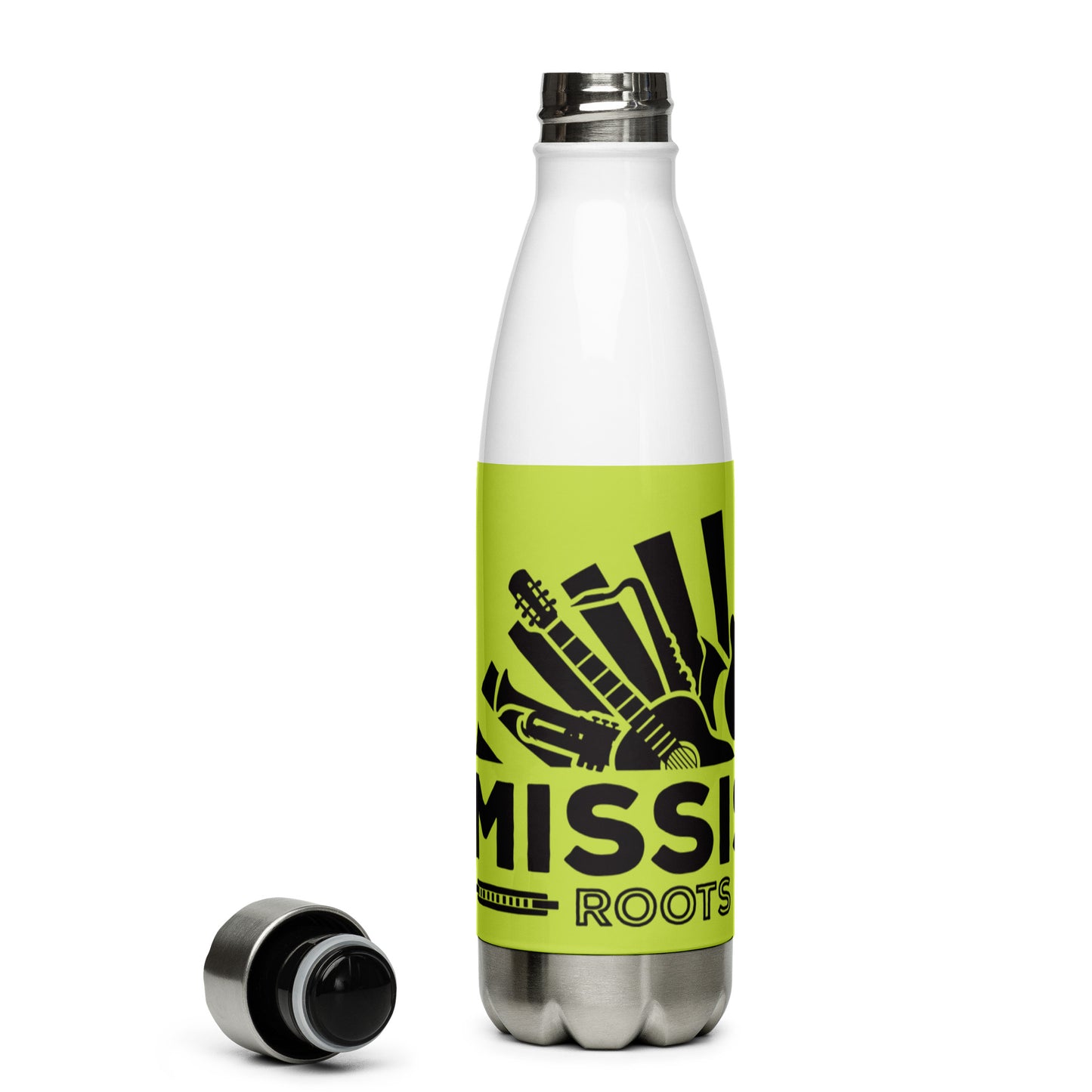 insulated water ball with blues graphics and green background standing up with lid on right side