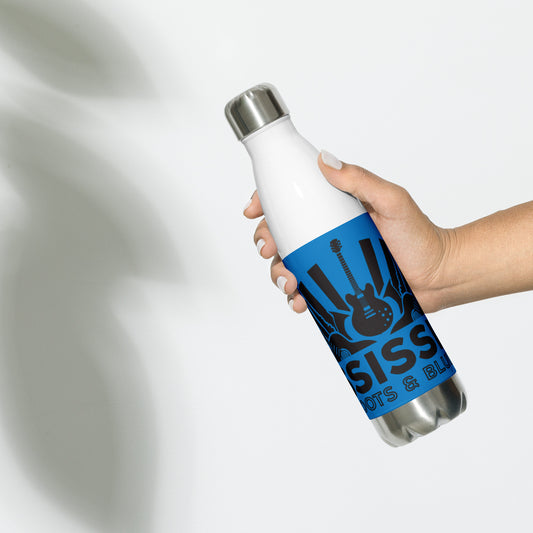 insulated water bottle with blues graphic and blue background