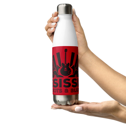 insulated water bottle with blues logo and red background being displayed in two hands